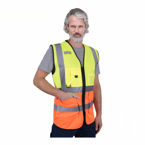 Kamizelka ostrzegawcza z kieszeniami z pasami odblaskowymi KOS-ZIP żółto-pomarańczowy Reis  z dowolnym nadrukiem hurt