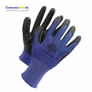 Rękawice ochronne wykonane z poliestru, powlekane nitrylem Ribbon niebiesko-czarne Reis zestaw 12 par
