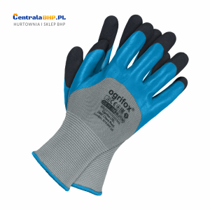 Rękawice ochronne powlekane lateksem, zakończone ściągaczem OX-BLUTON Ogrifox szaro-niebiesko-czarne zestaw 120 par 